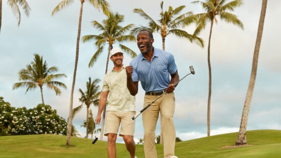 Par for the course never looked this good. Lush Lines Polo ($118) On Par Short ($110) New Palm Desert Oasis Polo ($118) and Bahama Coast 5 - Pocket Pant ($128).