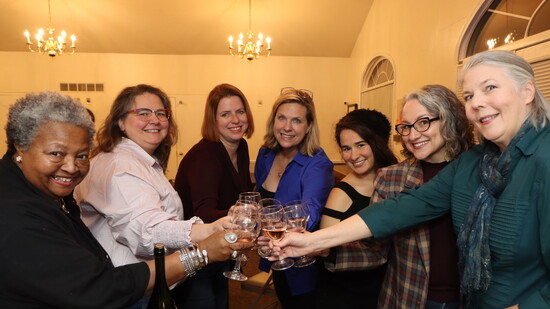 Left: Tammy O'Donnell, Sara Beaty, Kelly Peplinksi, Michelle Dougherty (executive producer), Sara Yousef (technical director), Nancy Nigh, and Theresa Master. N