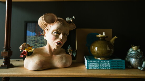 Select works by Lester Goldman, Bernadette Esperanza Torres (1991 Ceramics), Joshua Reiman (1995 Sculpture), and Jennifer Walker (1983 Sculpture)  