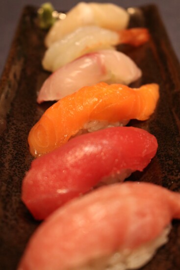 toro, akami, sweet shrimp, sea bream, salmon, and scallop