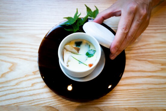 chawan mushi which is a savory egg custard with japanese greens and shiitake