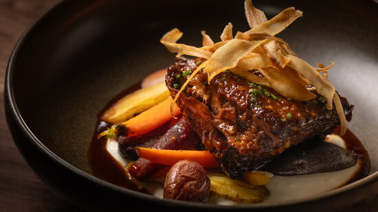 Braised Beef Short Whipped Potatoes, Heirloom Carrots, Crispy Shallots, Demi Glaze
