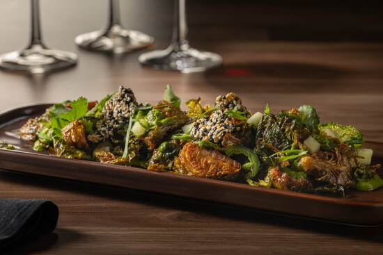Ginger Soy Brussels Sprouts with Ginger Soy Glaze, Cilantro-Lime Emulsion, Sesame Brittle, Jalapeno, Sesame Cucumbers, Cilantro