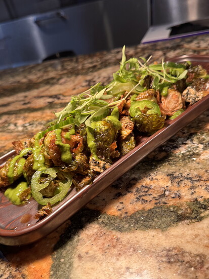Ginger Soy Brussels Sprouts with Ginger Soy Glaze, Cilantro-Lime Emulsion, Sesame Brittle, Jalapeno, Sesame Cucumbers, Cilantro