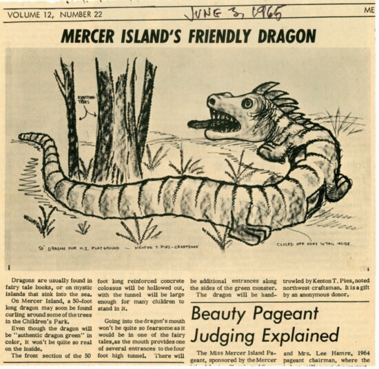 1965 Mercer Island Reporter article announcing the original dragon. 