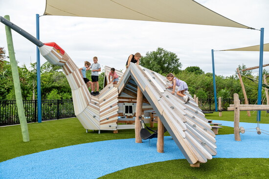 "Cordy the Crane" is a highlight feature of Northeast Venice Park's new playgrounds. . (Photo provided by KOMPAN Inc.) 