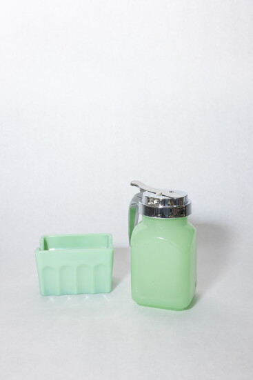 Jadeite sugar caddy and syrup dispenser