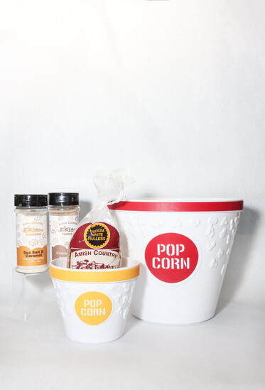 Popcorn buckets, kernels, and seasoning