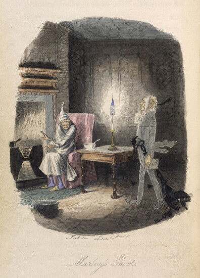 Ebenezer Scrooge encounters the ghost of Jacob Marley in Dickens's novella, A Christmas Carol. Illustration by John Leech (1843).