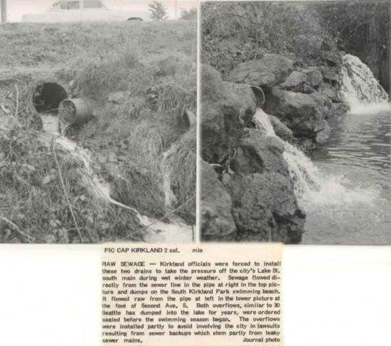 Images like these from the old East Side Journal newspaper of raw sewage going into the lake were common in Kirkland until the mid-1960s. (Held by KHS).