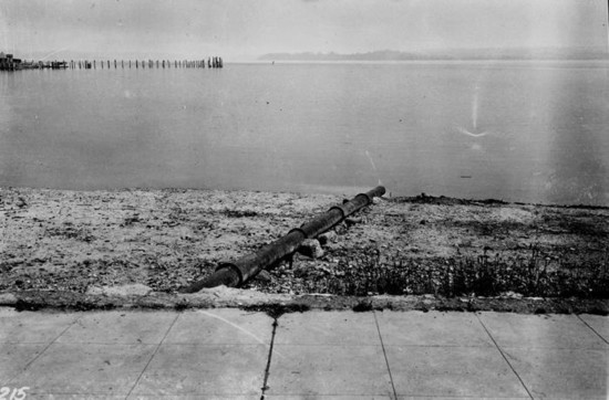 Early 20th-century sewer outfalls extending into Lk WA lay exposed in 1917 after the opening of the Lake Washington Ship Canal (Seattle Municipal Archives).