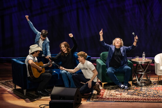 Handsome Live at the Ryman Auditorium, April 6th, 2025 L to R: Brad Paisley, Tig Notaro, Kimberly Williams-Paisley, Mae Martin, Fortune Feimster/Photo by Emily 