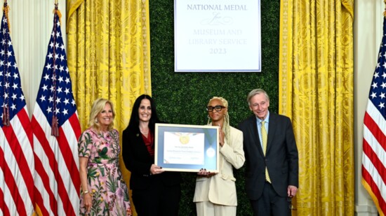First Lady, Dr. Jill Biden, library director Tonya Garcia, Monique Bowles, Kember Crosby of the Institute of Museum and Library Services
