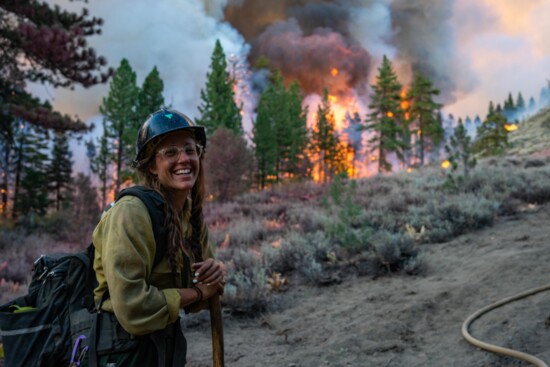 The Ruby Mountain interagency hotshot crew monitors the fireline during the Dixie Fire. PC: Joe Bradshaw, BLM