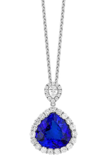 Spark Creations: pear-shaped tanzanite and diamond necklace in 18k white gold