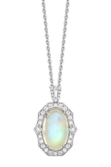 Spark Creations: oval cabochon moonstone and diamond necklace in 18k white gold