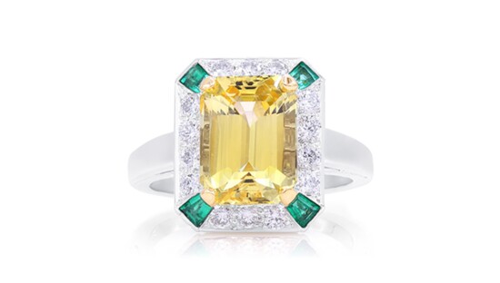 Oscar Heyman: yellow sapphire and diamond ring with emerald accents in 18k gold and platinum