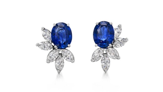 Oscar Heyman: oval sapphire earrings accentuated by marquise diamonds in a platinum setting