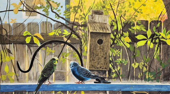 David French, Best Budgies, 2022. Acrylic on wood.