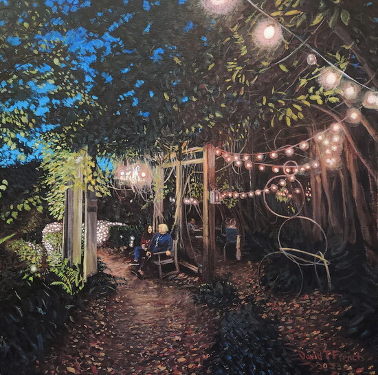 David French, Secrets at Rosie's Wine Garden. Acrylic on wood, 16 × 16 in.