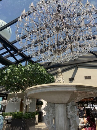 Restoration Hardware provides an upscale atmosphere with multiple chandeliers throughout the space.