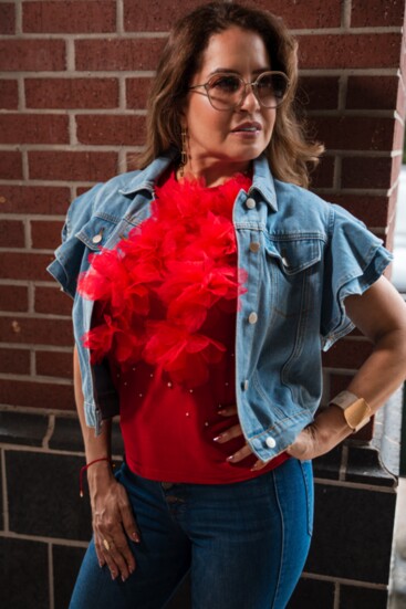 Fall kicks off with a denim jacket and a frilly red t-shirt