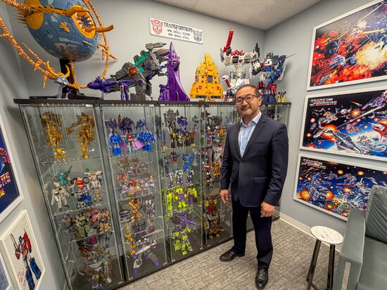 Just one corner of Sye's Transformers collection, on display in his office.