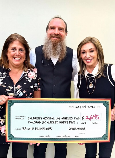 Estate Properties’ Joanne Galin and Diane Sanders with Brian Fife of The Comedy & Magic Club give back to Children’s Hospital Los Angeles with a donation.