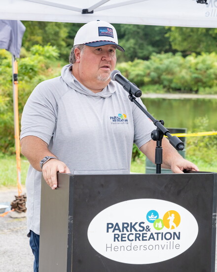 Hendersonville Parks Director greets the crowd during the opening ceremony for LST-325.