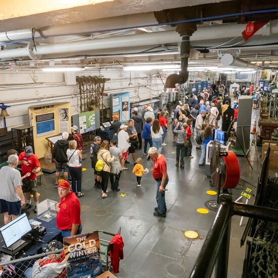 The lower deck of LST-325 features displays and a museum gift shop.