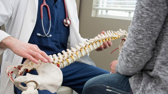 A HealthSource provider uses a spine model to explain alignment and posture during a consultation.