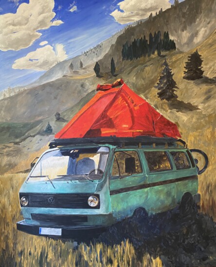 This painting, “Ramble On,” was commissioned by Mountain Burger in Northwest Crossing and inspired by a photo Thornton took himself. 