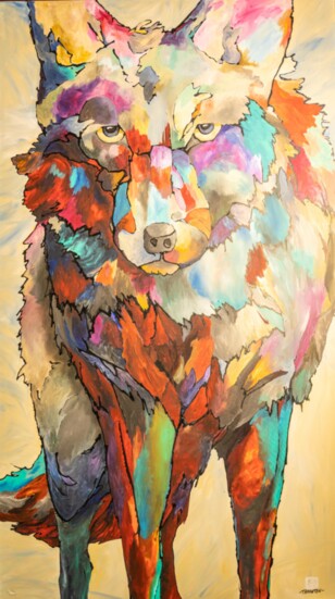 Standing over eight feet tall, this wolf is one of Thornton's largest paintings to date. 