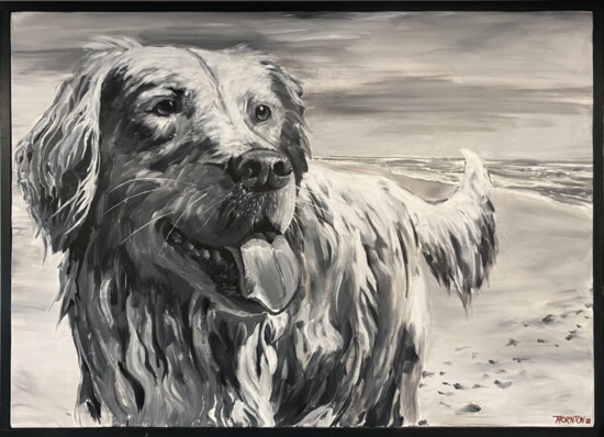 This monochromatic painting, "Throw It Again," captures a Golden Retriever's impatient expression and is Thornton's largest canvas at 6 ft. x 8 ft. 