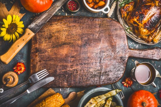 Table with Thanksgiving foods.