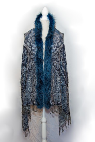 Embroidered Wool Wrap with beading and fox trim in Blue Frost from Krista Anne's Boutique.