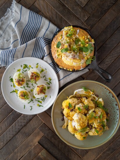 Trio: Deviled Eggs, Roasted Cauliflower, and Elote Cornbread