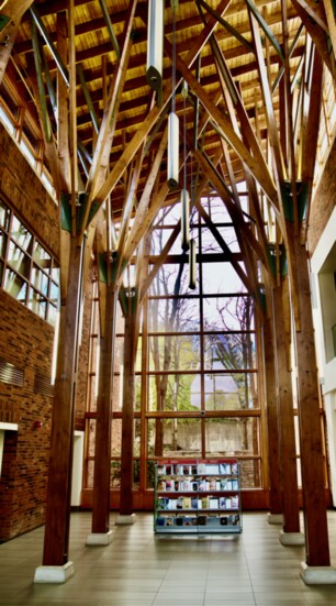 The elegant wooden arches at the entrance to the Barrington Area Library.