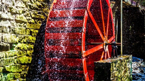 The water wheel at the Clarkson Covered Bridge Park