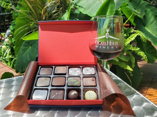 Wine and a box of housemade chocolates at Glass House Winery. Photo Credit: Matthew Hauck. 