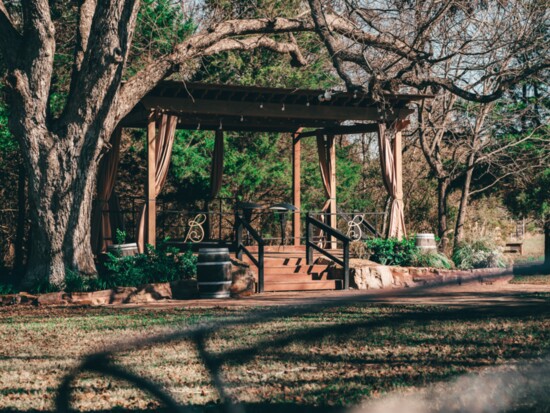 An outdoor performance area beneath a century-old pecan tree on the grounds of Bernhardt Winery.