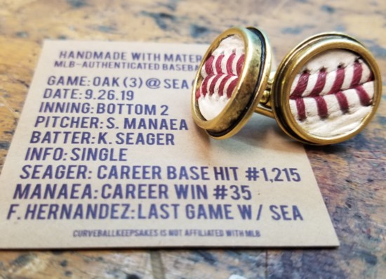 Antiqued gold-plated cufflinks featuring authenticated game-used Major League baseball leather. curveballkeepsakes.com $95-$135