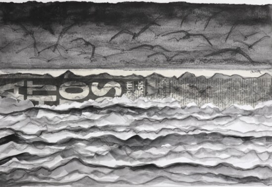 Gulls and waves blend together in this charcoal seascape drawing