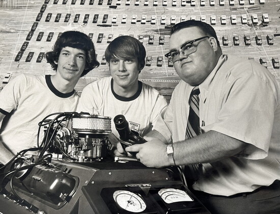 An archived photo of Ed Fisher (left) pictured with student Bob Jones and automotive instructor George Sharp. (Courtesy pic by Ed Fisher)