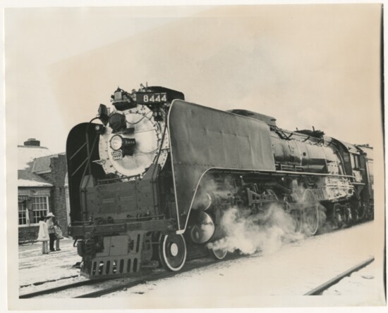 1983.48.0012I, Union Pacific 8444 steam engine in the snow, January 1974, photographer unknown.