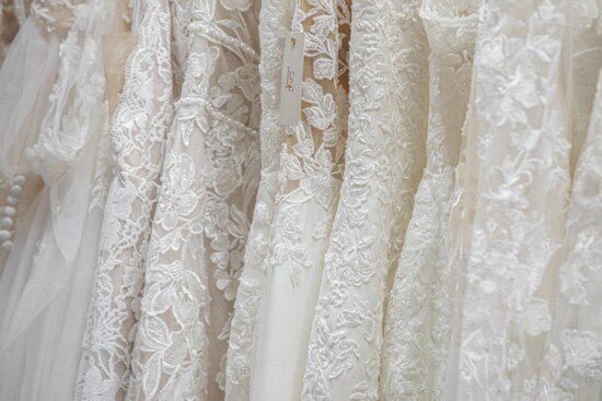 The boutique carries a number of gown styles. 