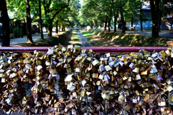Love padlocks on the bridge over border river in Vrnjacka Banja, Serbia.