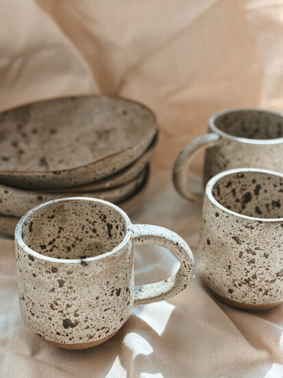 Rockwater Pottery “BlackSalt” speckled mugs & bowls