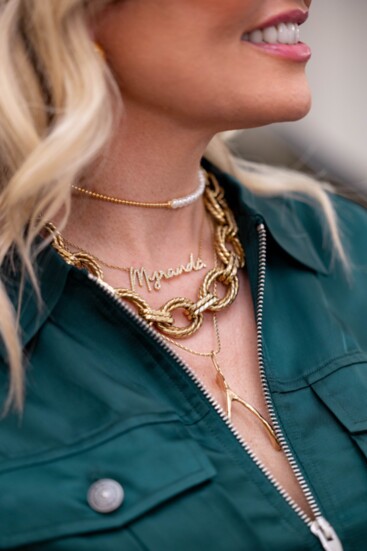 Heart of Gold Jacket: Holly Puff-Sleeve Utility Jacket, Cinq à Sept. Jewelry: Myranda Fine Jewelry.