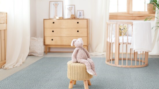 Baby room with hardwood or laminate flooring and custom area rug,